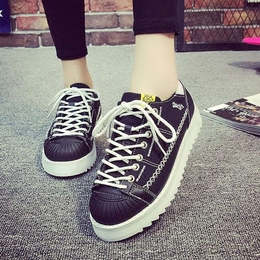 新款运动鞋女韩版潮学生小白鞋 平底马克线厚底锯齿帆布滑板鞋