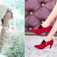 2015秋季新款新娘鞋 磨砂绒尖头高跟鞋 细跟性感女单鞋 红色婚鞋