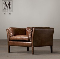 慕妃高端定制客厅家具法式古典工业实木美式真皮软包单人沙发RH58