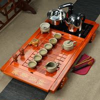 紫砂茶具套装原矿粗陶功夫茶具实木茶盘配四合一电磁炉配青花茶具