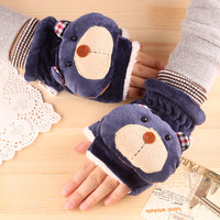 韩版手套冬季女士可爱卡通半指动物手套时尚毛绒露指小熊保暖手套