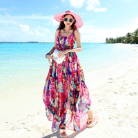 2015新款雪纺印花高腰显瘦连衣裙吊带海边度假沙滩裙波西米亚长裙