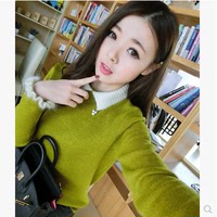 2015秋装新款女装韩版上衣打底衫 袖子兔毛花边娃娃领套头毛衣女