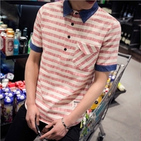 夏季日系潮牌拼接条纹亚麻T恤男士大码POLO衫青年复古棉麻半截袖