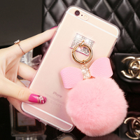 韩版蝴蝶结iPhone6s手机壳钻 苹果6plus手机套4s 5s硅胶獭兔毛球