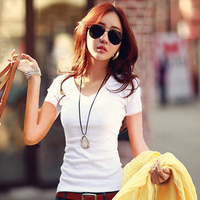 韩版修身纯棉t恤女短袖显瘦白色v领夏体恤半袖女士纯色小衫打底衫