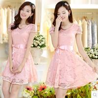 夏装新款韩版甜美修身雪纺蕾丝连衣裙大码短袖公主裙中长款