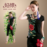 妃嬛2015夏新款大码民族风复古女装 中国风刺绣印花短袖T恤女棉
