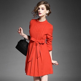 2016早春新款小立领百褶长袖修身显瘦OL气质红色连衣裙打底裙女装