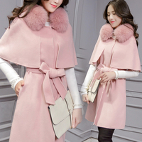 2015新款韩版女装冬中长款狐狸毛领毛呢外套女粉色斗篷羊毛呢大衣