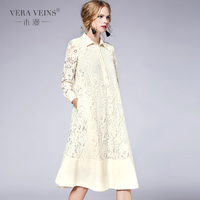 Vera Veins优雅大气中长款长袖蕾丝连衣裙 宽松衬衫裙 秋冬装新款
