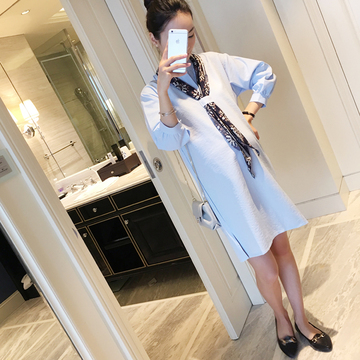 2016韩国初秋季新款孕妇装时尚长袖中长款衬衣上衣纯色连衣裙潮