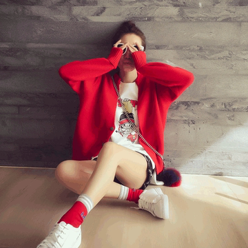 2016春季女韩版宽松纯色短款针织开衫外套毛衣外搭大红色春秋上衣