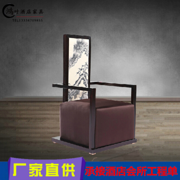 新中式单人椅 实木布艺沙发椅子 复古印画 风景高背椅 现货休闲椅