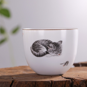 墨彩 丝毛手绘 猫咪 全手工薄胎 水杯单杯个人茶杯直口杯 亚光釉