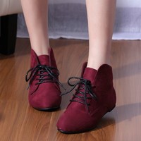 秋冬新款韩版系带绒面圆头平跟平底单鞋靴学生鞋短筒靴马丁靴女靴