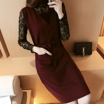 女装2016针织连衣裙秋季新款韩版中长款两件套蕾丝连衣裙女上衣潮