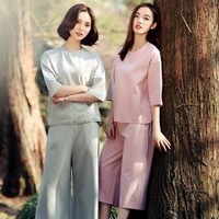 2016女春夏新款韩版T恤+裤子套装时尚休闲气质五分袖纯色两件套