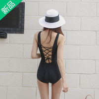 韩国黑色绷带连体泳衣女保守遮肚显瘦小胸聚拢钢圈比基尼游泳衣