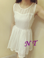 【NT】高品质白色纱质花边无袖百褶裙收腰连衣裙百搭时尚蓬蓬裙