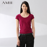 AMII极简纯色短袖t恤女夏短款圆领修身显瘦大码简约女装棉打底衫