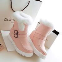 韩版时尚坡跟修面皮圆头白色短筒马丁靴皮带扣高跟靴子粉红色女鞋