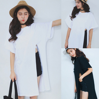蘑菇街女装2015韩版圆领性感侧开叉个性中长款短袖T恤上衣女装