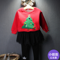 圣诞节礼物冬季新款女童红色圣诞树加绒卫衣中小童长袖加厚打底衫