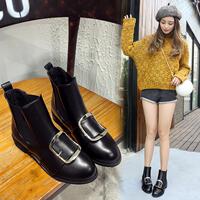 2016韩版新款马丁靴子大方扣圆头中跟粗跟短靴休闲及踝纯色女鞋