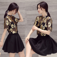 新品促销韩版修身显瘦印花雷丝短袖上衣+纯色A字半身纱裙两件套装