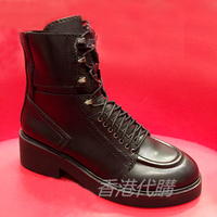 香港代購2015秋冬NEAL 真皮黑色搭皮系帶厚底女靴平底马丁靴短靴