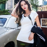 韩国正品代购17夏新品拼接拉链领短袖紧身T恤女修身显瘦体恤上衣