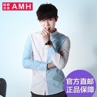 AMH2015男装韩版秋装新款方领个性拼接修身男士衬衫QO4902鹄
