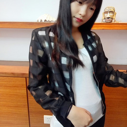2015韩版模特实拍秋冬新款半透明欧根纱棒球服防晒衣外套上衣