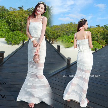 新款女神款长款白色蕾丝拼接鱼尾裙波西米亚度假裙沙滩裙长裙子