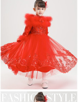 迎元旦红色高档绒绒毛领公主裙钢琴演出礼服花童 長袖婚紗主持服