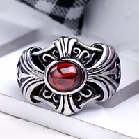 欧美朋克红玛瑙宝石戒指 哥特克罗心复古钛钢戒指 霸气个性饰品