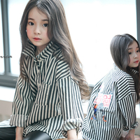 韩国童装秋装女童衬衫2015新款中大童上衣纯棉潮卡通条纹长袖衬衣