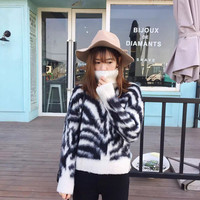 韩国冬季高领加厚磨毛斑马纹毛衣 2015套头显瘦打底衫女士