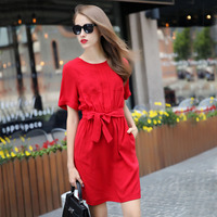 2015欧美夏季款大码女装雪纺连衣裙 红色复古短袖气质修身a字裙