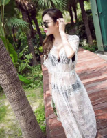 韩国公主家夏装蕾丝钩花性感透视沙滩防晒深V长裙蝙蝠款连衣裙子