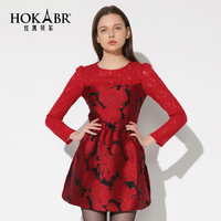 红凯贝尔秋季新品韩版女装网纱拼接修身显瘦圆领长袖连衣裙子