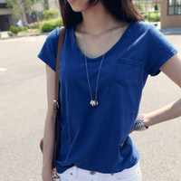 夏季蓝色短袖t恤大领口上衣宽松版V领口袋 欧美女装大码体恤衫