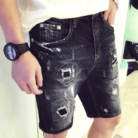 2015夏季新款个性男士黑色修身直筒破洞补丁休闲短裤牛仔裤五分裤