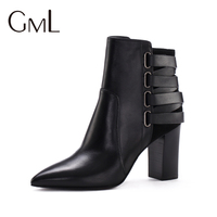 GML2015年秋冬新款女士小牛皮时尚罗马攀带结构粗高跟短靴16279