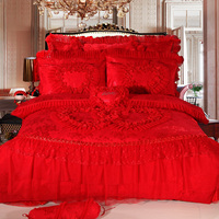 全棉婚庆四件套纯棉蕾丝结婚床上用品六件套大红八九十多件套床品