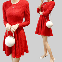 秋装连衣裙长袖小香风针织红色裙子修身显瘦打底裙气质高腰a字裙