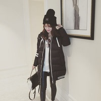 2015冬季新品韩版时尚拼色长袖连帽加厚中长款棉衣棉服外套女 装