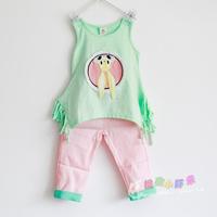 特价贝蕾地童装夏款兔子无袖绿色T恤+粉色kitty猫七分裤套装女童