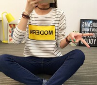 2016春季韩版新款T恤少女学生装时尚细条纹字母休闲长袖打底衫潮
